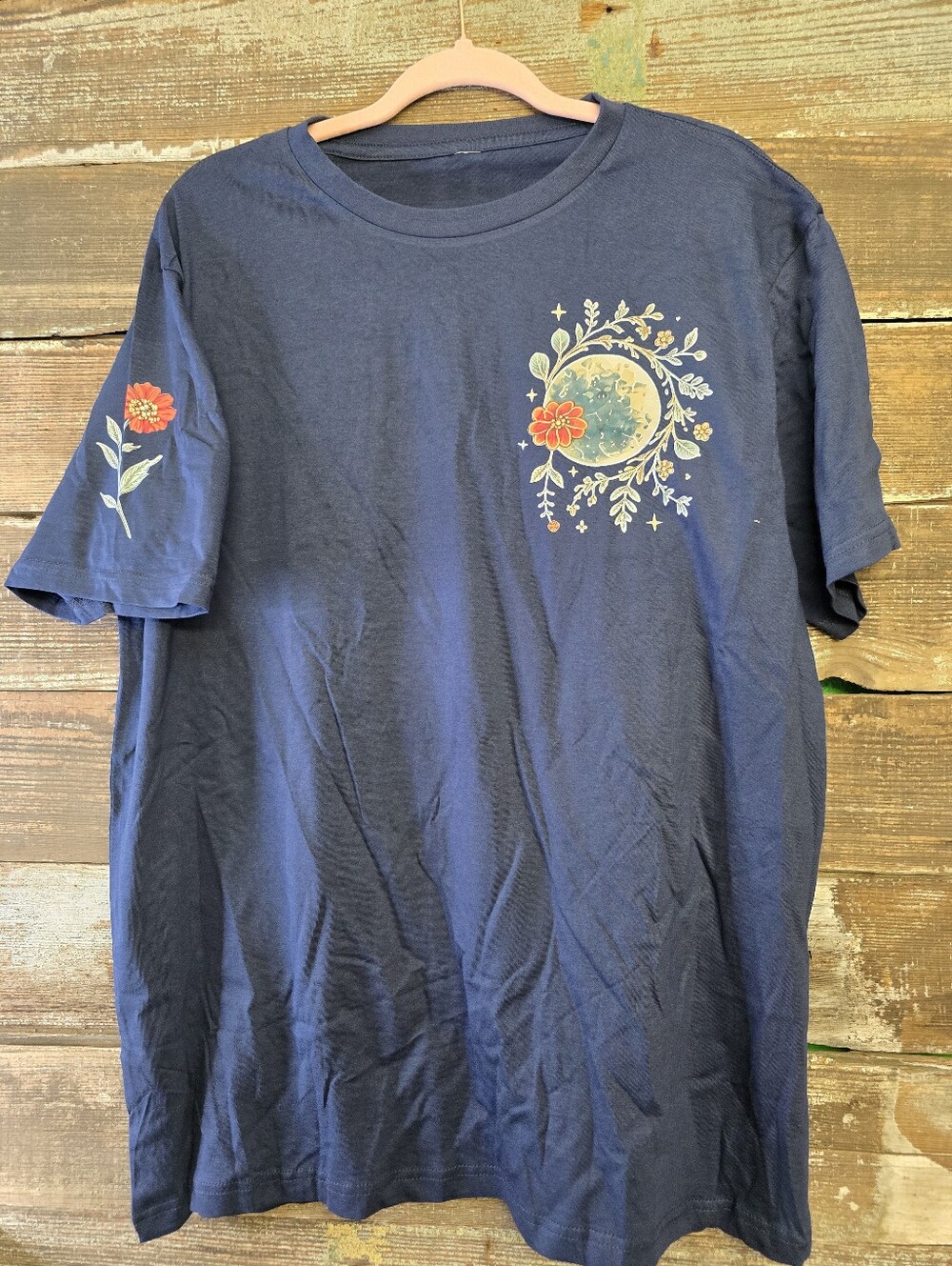 Navy Floral Moon Graphic Women's T-Shirt, No Tags, Measures To 2X, NEW